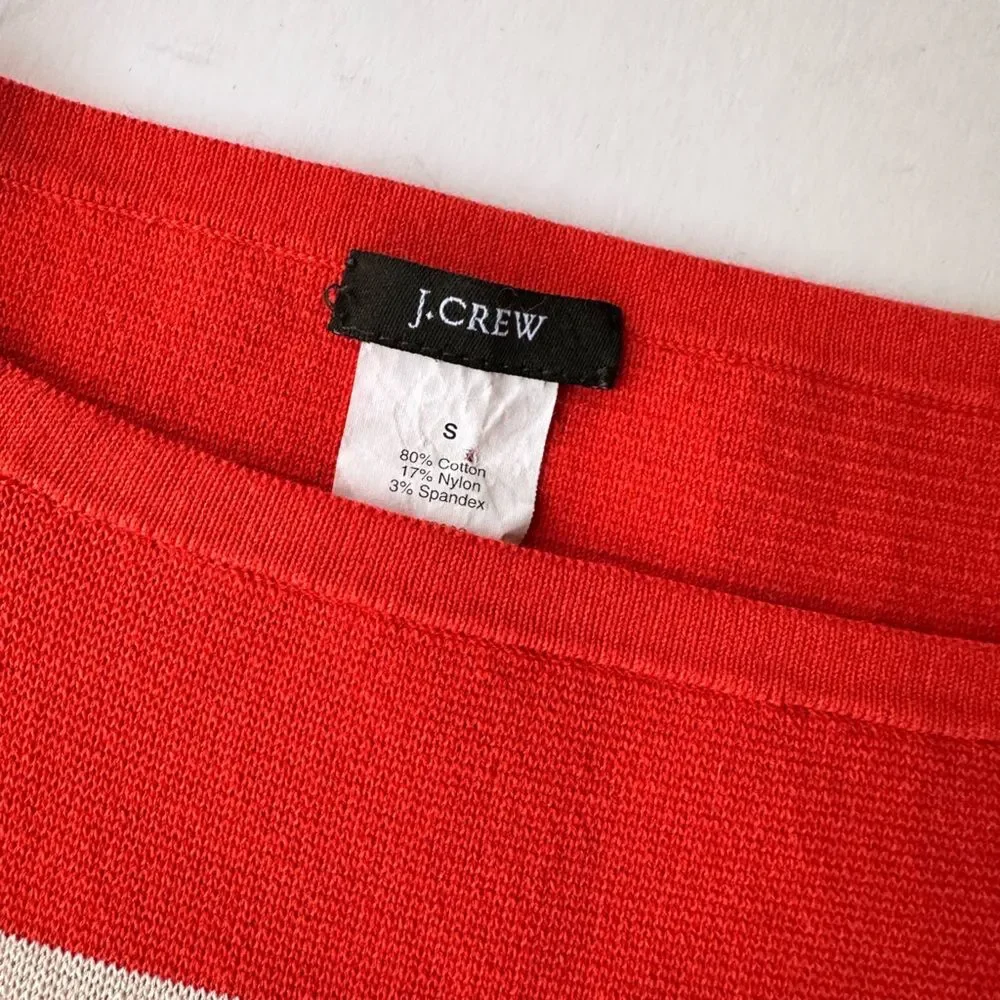 J. Crew Boatneck Popover Sweater in Orange Knit w/ Cream Stripes Pockets Size S